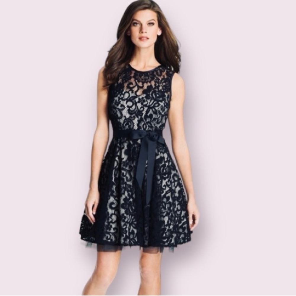 Betsy & Adam V-Back Lace Overlay Fit & Flare Dress in Black